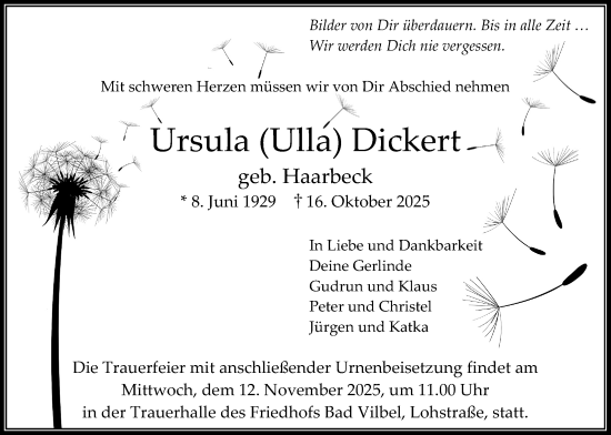 Traueranzeige von Ursula Dickert von Bad Vilbel/Karben