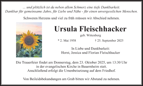 Traueranzeige von Ursula Fleischhacker von Wetterauer Zeitung