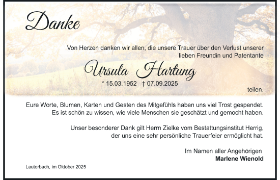 Traueranzeige von Ursula Hartung von Lauterbacher Anzeiger, 