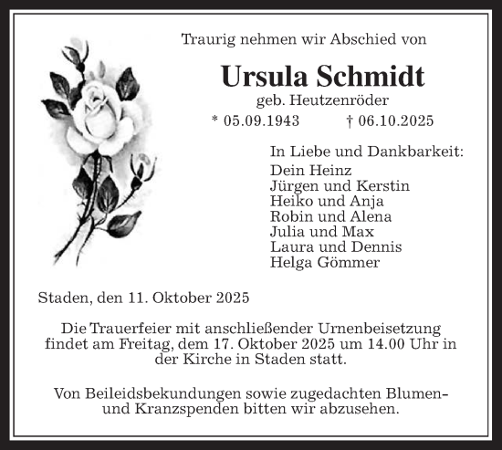 Traueranzeige von Ursula Schmidt von Wetterauer Zeitung
