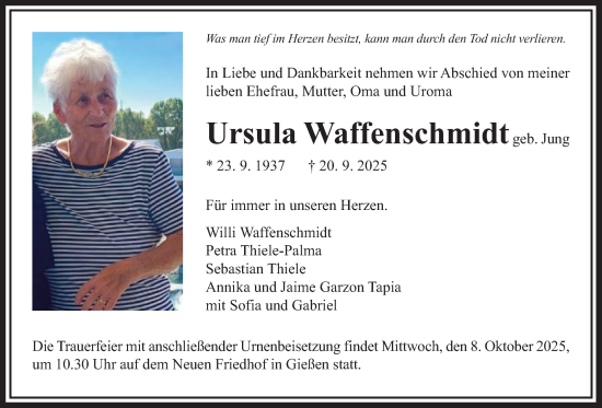 Traueranzeige von Ursula Waffenschmidt von Giessener Allgemeine, Alsfelder Allgemeine