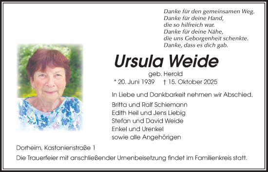 Traueranzeige von Ursula Weide von Wetterauer Zeitung