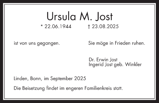 Traueranzeige von Ursula M. Jost von Giessener Allgemeine, Alsfelder Allgemeine