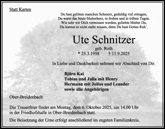 Traueranzeige von Ute Schnitzer von Oberhessische Zeitung, 