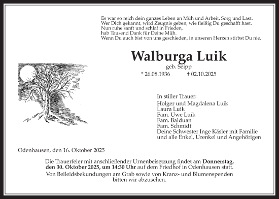 Traueranzeige von Walburga Luik von Rabenauer Zeitung