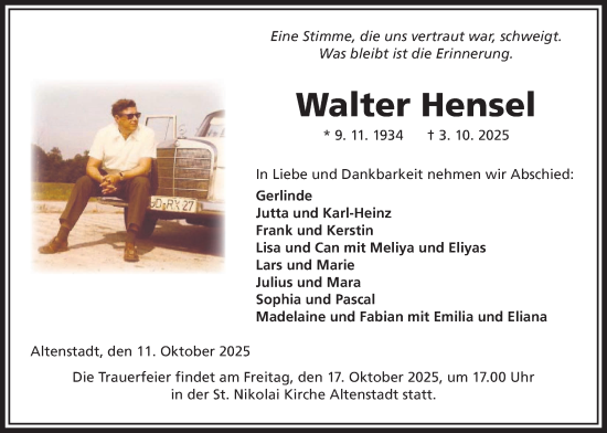 Traueranzeige von Walter Hensel von Kreis-Anzeiger