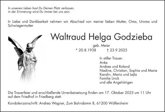Traueranzeige von Waltraud Helga Godzieba von Wetterauer Zeitung