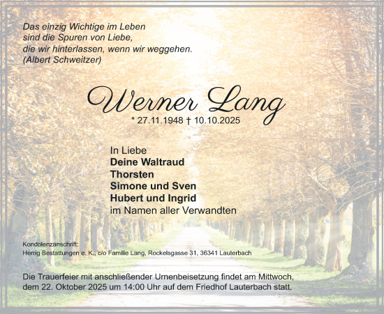Traueranzeige von Werner Lang von Lauterbacher Anzeiger, 