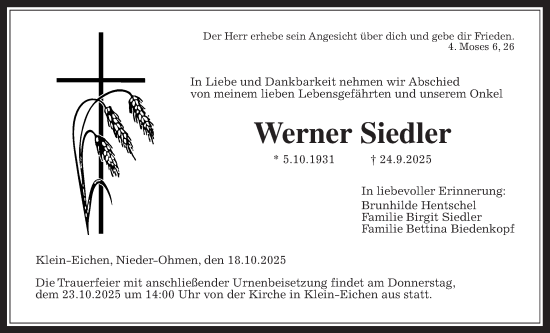 Traueranzeige von Werner Siedler von Giessener Allgemeine, Alsfelder Allgemeine