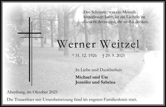 Traueranzeige von Werner Weitzel von Oberhessische Zeitung
