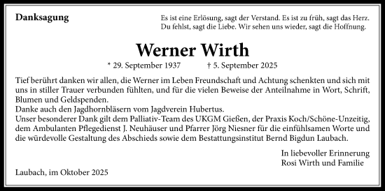 Traueranzeige von Werner Wirth von Laubacher Anzeiger, Giessener Allgemeine, Alsfelder Allgemeine