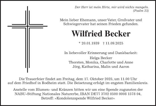 Traueranzeige von Wilfried Becker von Wetterauer Zeitung