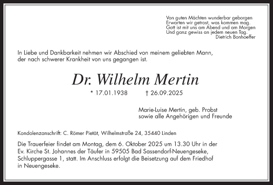 Traueranzeige von Wilhelm Mertin von Giessener Allgemeine, Alsfelder Allgemeine