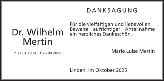 Traueranzeige von Wilhelm Mertin von Giessener Allgemeine, Alsfelder Allgemeine