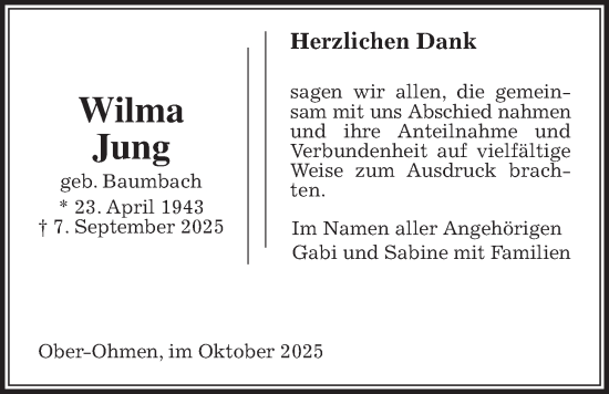 Traueranzeige von Wilma Jung von Alsfelder Allgemeine, Oberhessische Zeitung