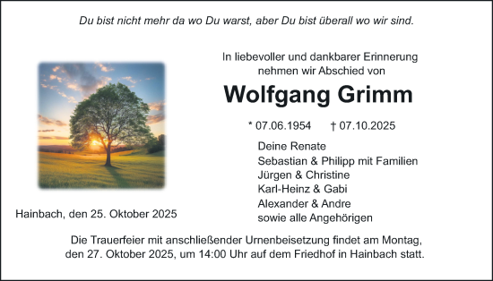 Traueranzeige von Wolfgang Grimm von Oberhessische Zeitung, Alsfelder Allgemeine