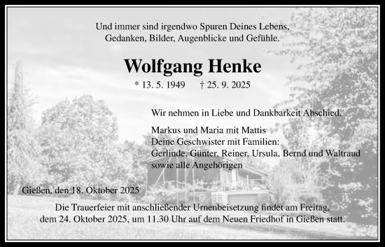 Traueranzeige von Wolfgang Henke von Giessener Allgemeine, Alsfelder Allgemeine, Giessener Anzeiger