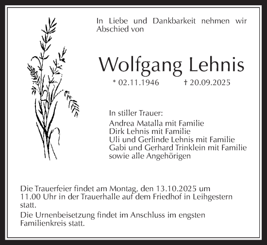 Traueranzeige von Wolfgang Lehnis von Giessener Allgemeine, Alsfelder Allgemeine