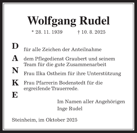 Traueranzeige von Wolfgang Rudel von Licher Wochenblatt