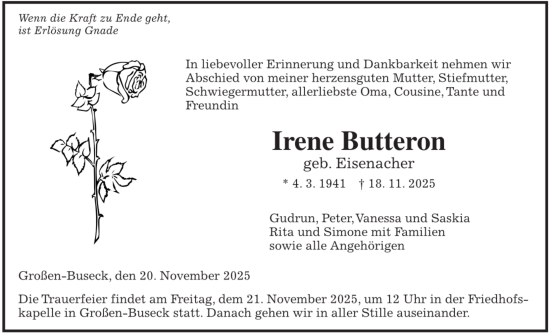 Traueranzeige von Irene Butteron von Giessener Allgemeine, Alsfelder Allgemeine