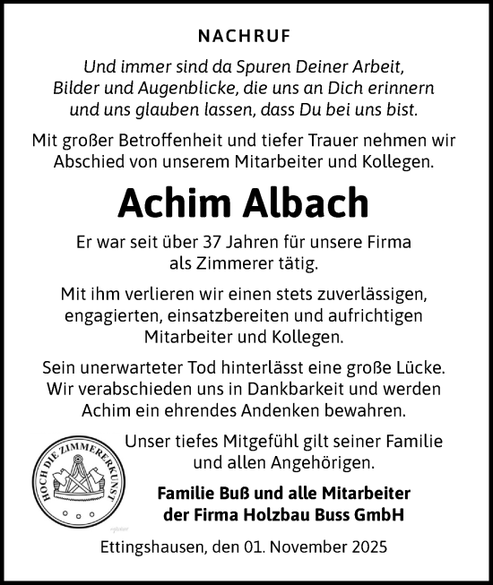 Traueranzeige von Achim Albach von Giessener Anzeiger, Giessener Allgemeine, Alsfelder Allgemeine