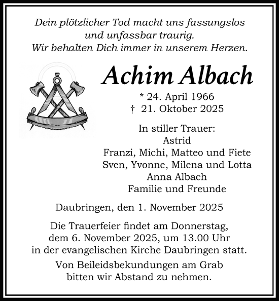 Traueranzeige von Achim Albach von Giessener Allgemeine, Alsfelder Allgemeine