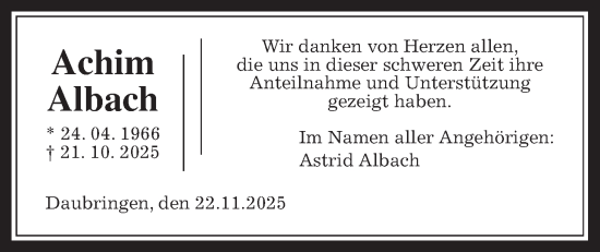 Traueranzeige von Achim Albach von Giessener Anzeiger, Giessener Allgemeine, Alsfelder Allgemeine