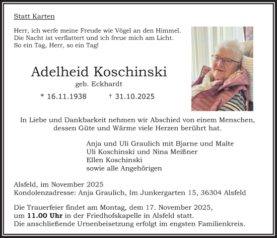 Traueranzeige von Adelheid Koschinski von Oberhessische Zeitung