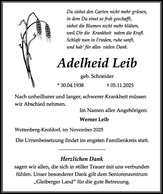 Traueranzeige von Adelheid Leib von Giessener Anzeiger, Giessener Allgemeine, Alsfelder Allgemeine