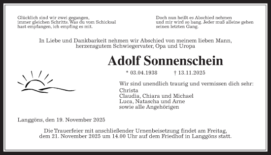 Traueranzeige von Adolf Sonnenschein von Giessener Allgemeine, Alsfelder Allgemeine