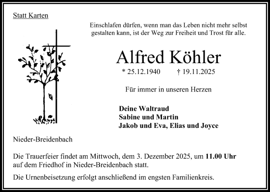 Traueranzeige von Alfred Köhler von Oberhessische Zeitung