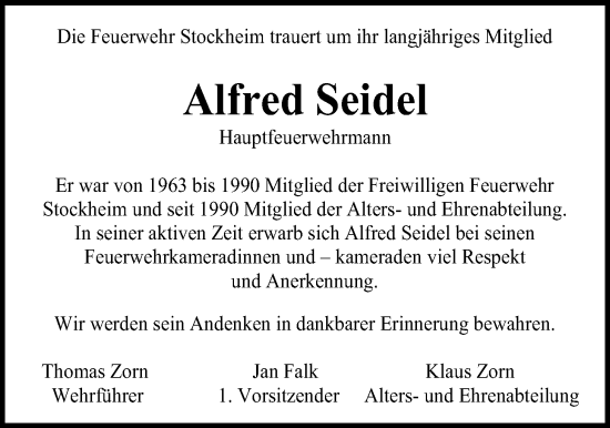 Traueranzeige von Alfred Seidel von Kreis-Anzeiger