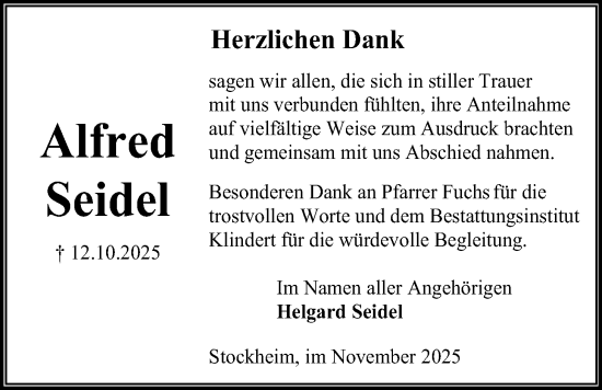 Traueranzeige von Alfred Seidel von Kreis-Anzeiger