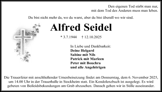 Traueranzeige von Alfred Seidel von Kreis-Anzeiger
