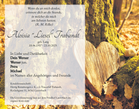 Traueranzeige von Aloisia Trabandt von Lauterbacher Anzeiger, Lauterbacher Anzeiger