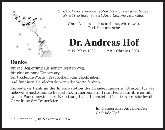 Traueranzeige von Andreas Hof von Usinger Anzeiger, Usinger Anzeigenblatt