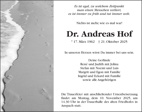 Traueranzeige von Andreas Hof von Usinger Anzeiger, Usinger Anzeigenblatt