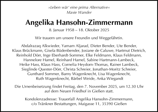 Traueranzeige von Angelika Hansohn-Zimmermann von Giessener Anzeiger, Giessener Allgemeine, Alsfelder Allgemeine