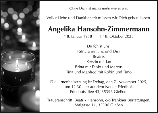 Traueranzeige von Angelika Hansohn-Zimmermann von Giessener Allgemeine, Alsfelder Allgemeine