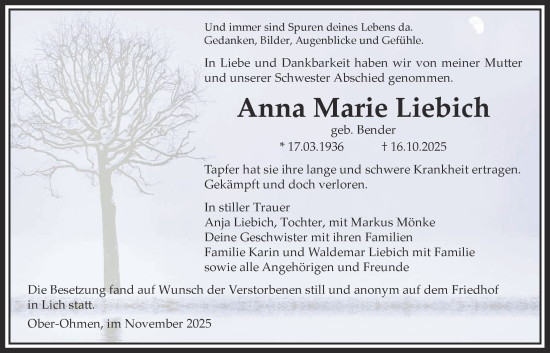 Traueranzeige von Anna Marie Liebich von Licher Wochenblatt, Licher Wochenblatt