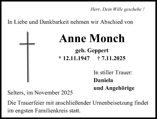 Traueranzeige von Anne Monch von Kreis-Anzeiger