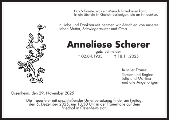 Traueranzeige von Anneliese Scherer von Wetterauer Zeitung
