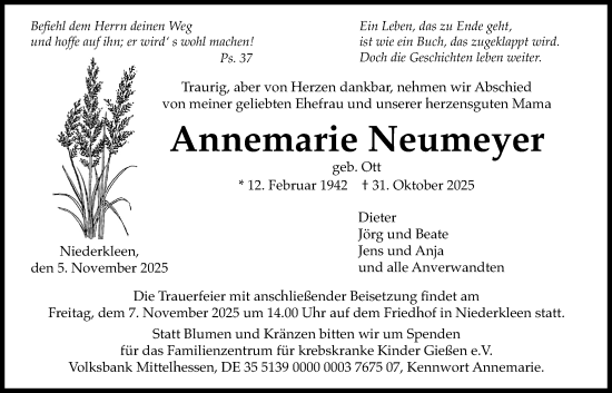 Traueranzeige von Annemarie Neumeyer von Butzbacher Zeitung
