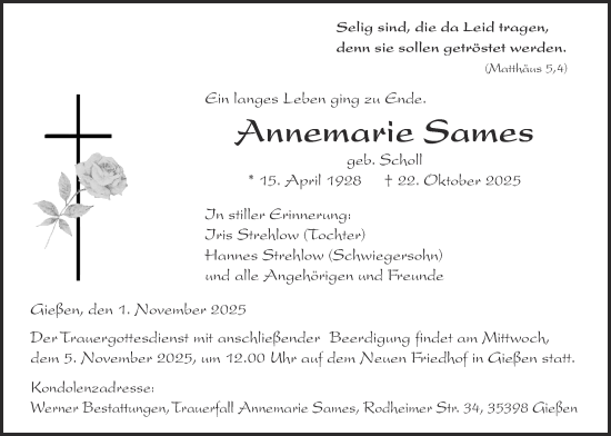Traueranzeige von Annemarie Sames von Giessener Anzeiger, Giessener Allgemeine, Alsfelder Allgemeine