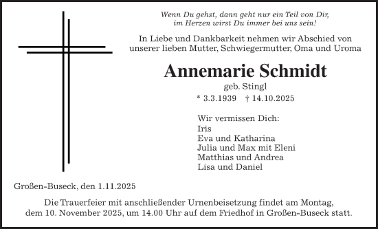 Traueranzeige von Annemarie Schmidt von Giessener Allgemeine, Alsfelder Allgemeine