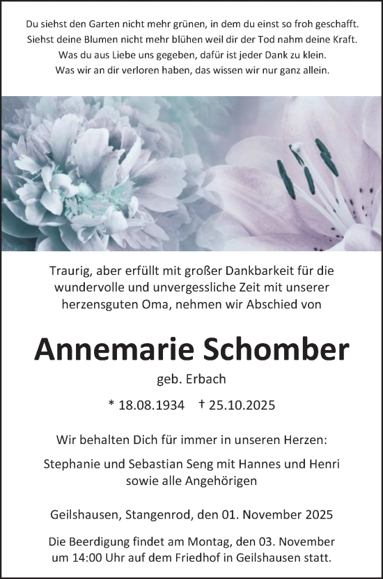 Traueranzeige von Annemarie Schomber von Giessener Allgemeine, Alsfelder Allgemeine