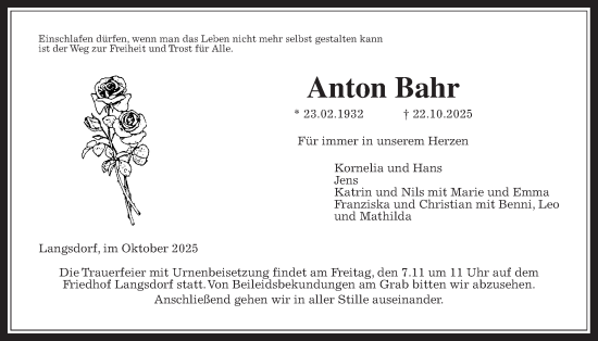 Traueranzeige von Anton Bahr von Giessener Anzeiger, Giessener Allgemeine, Alsfelder Allgemeine