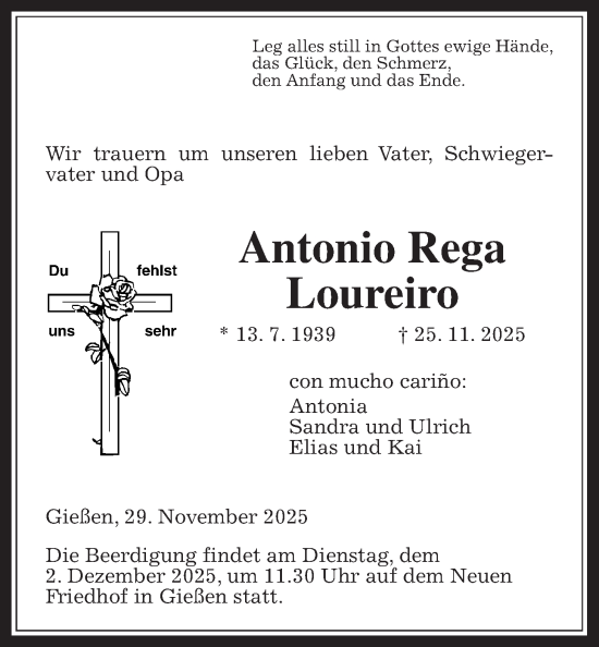 Traueranzeige von Antonio Rega Loureiro von Giessener Allgemeine, Alsfelder Allgemeine, Giessener Anzeiger