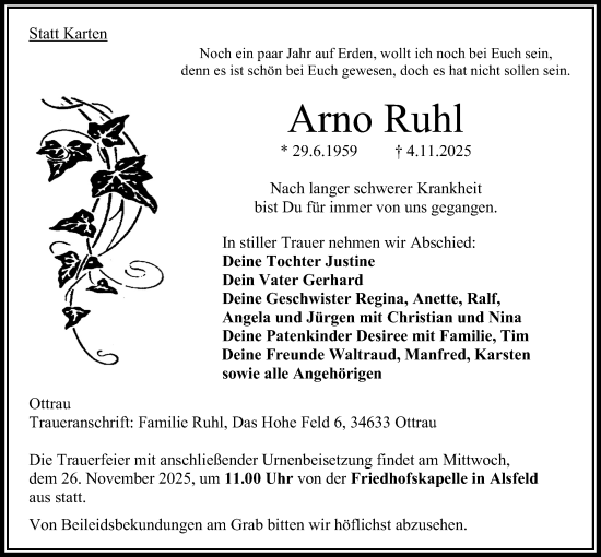 Traueranzeige von Arno Ruhl von Oberhessische Zeitung