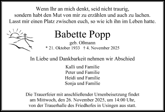 Traueranzeige von Babette Popp von Usinger Anzeiger, Usinger Anzeigenblatt